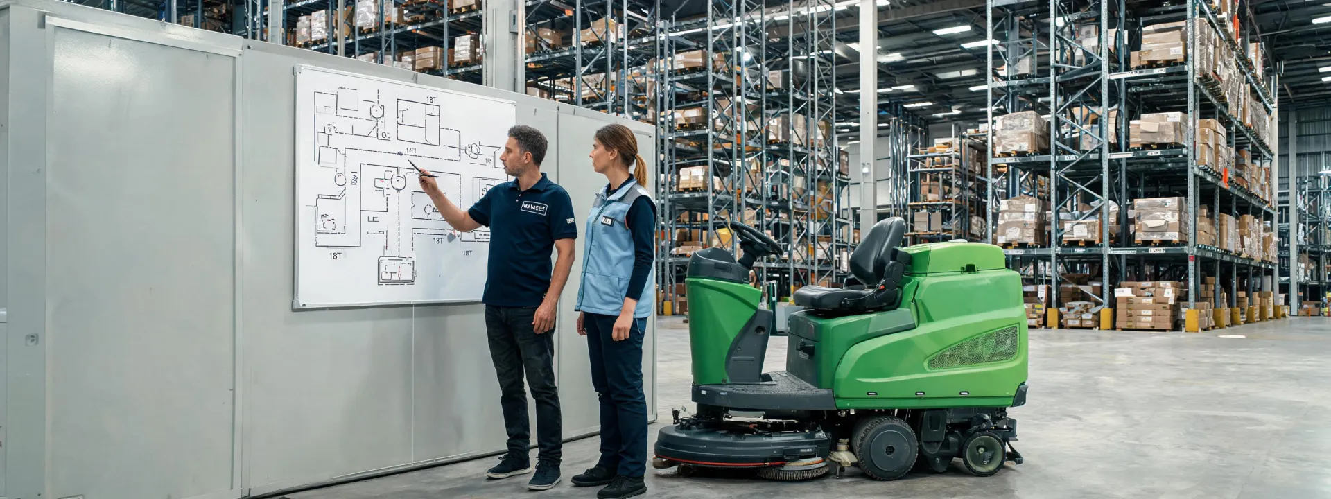 Facility team mapping a commercial floor cleaning route