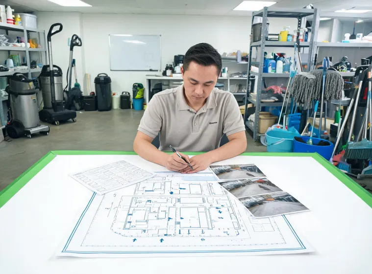 Application specialist reviewing facility route drawings