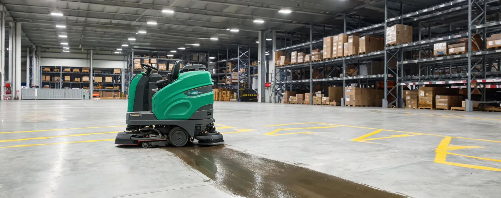 Ride-on Tennant floor scrubber following a warehouse cleaning route