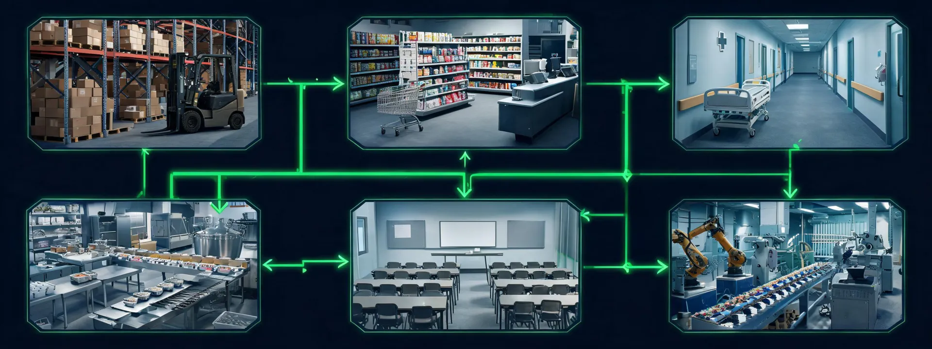 Commercial cleaning route across warehouse, retail, healthcare, and manufacturing spaces