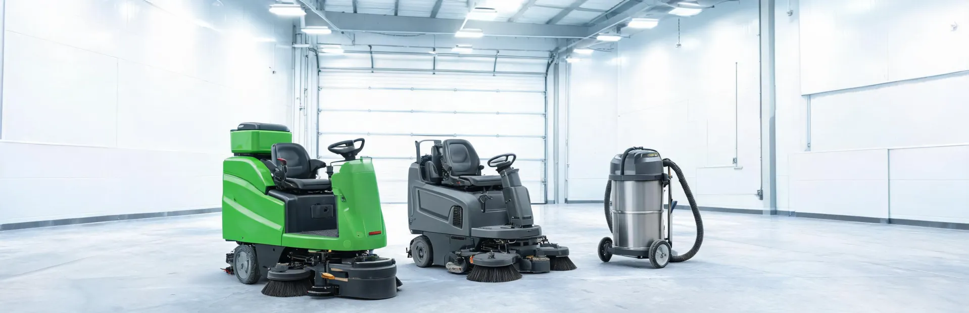 Commercial floor-cleaning machine lineup in a service-ready facility
