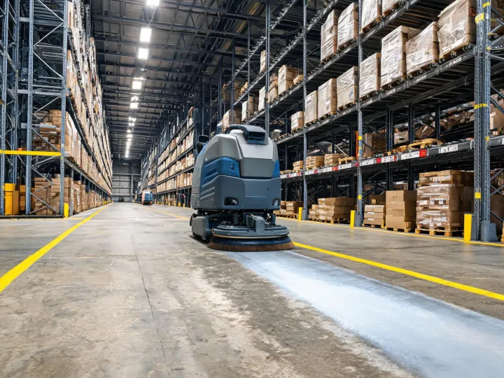 Warehouse cleaning route around pallet aisles