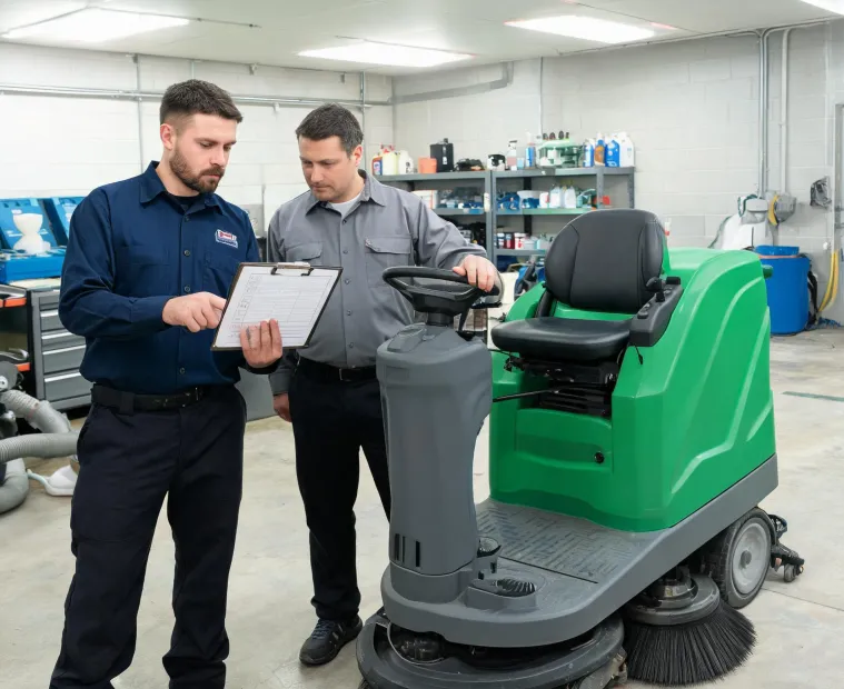 Technician reviewing a ride-on scrubber with a facility operator